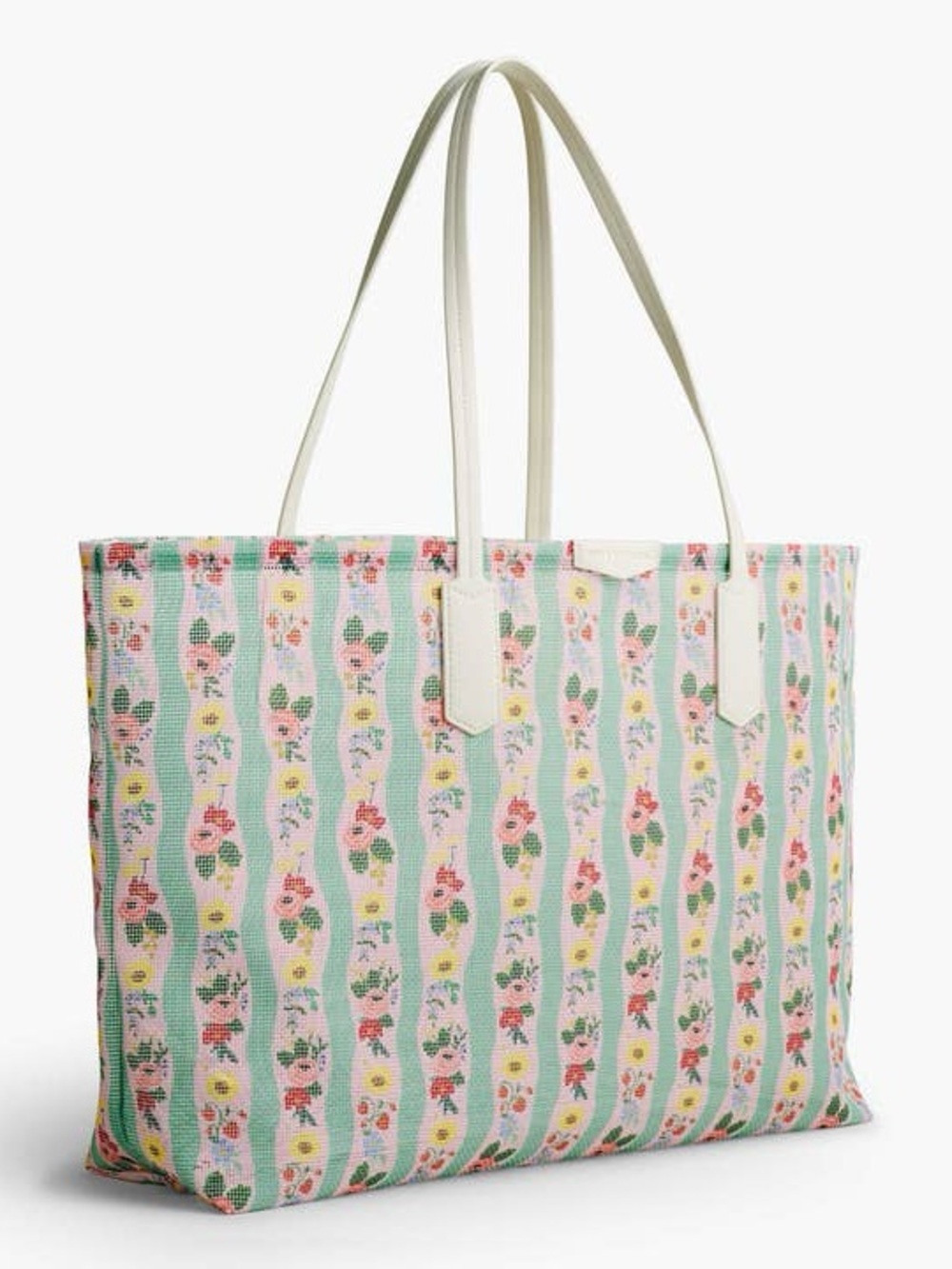 Rifle Paper Co. Floral Stripe Mesh Tote in Pastel Green, Pink & Cream